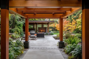Fototapeta premium Inviting outdoor covered patio with wooden beams, fireplace, built in grill, and lush landscaping.