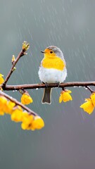 Fototapeta premium A vibrant bird perched on a branch adorned with yellow flowers, set against a soft, rainy backdrop.