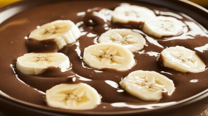 Creamy chocolate pudding with sliced bananas in a bowl