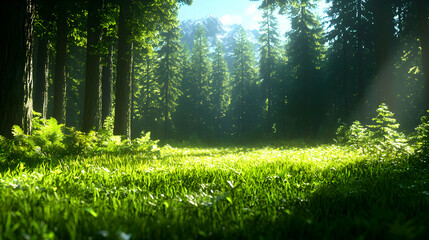 Fototapeta premium Lush Green Forest Meadow with Sunlight Streaming Through Tall Trees in a Natural Environment