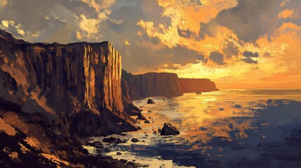 A rugged, craggy coastline at sunset, the ocean painted in shades of gold and orange, with dark cliffs standing silhouetted against the sky.
