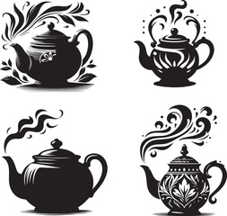 teapot with steam black and white silhouette