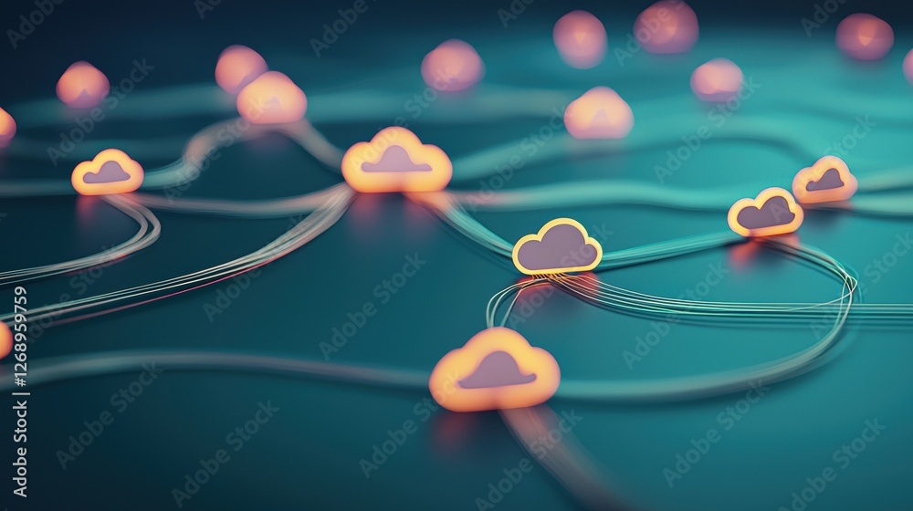 Poster a glowing network of interconnected cloud icons representing global data storage and processing with