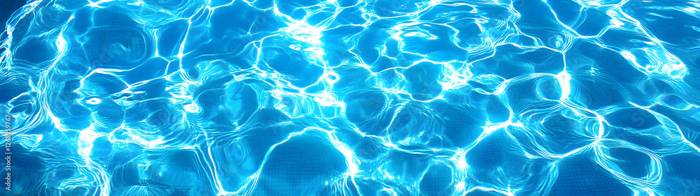 Poster Serene and tranquil underwater view of a swimming pool with a calm rippling water surface reflecting the bright blue sky and sunlight above