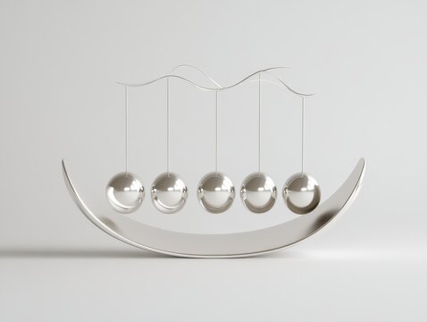 3d visualization of a silver newton s cradle with spheres on a white background, one ready to fall