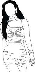 Fine line illustration of a fashionable woman wearing a stylish dress, showcasing modern fashion trends. The illustration portrays a minimalist outline style emphasizing elegance and creativity.