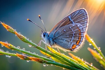 Obraz premium Gray Hairstreak Butterfly on Dew-Covered Grass Stem - Architectural Photography Style