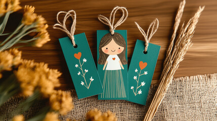 Handmade bookmarks with love-themed illustrations, Charming handmade bookmarks featuring floral designs and a cheerful character, perfect for avid readers and craft enthusiasts.