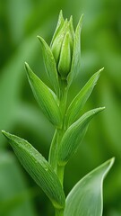 Obraz premium A close-up view of a green plant with elongated leaves and a budding flower at the top, showcasing fresh, vibrant foliage.