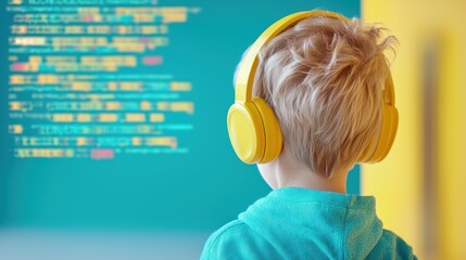 A child playfully learning the basics of coding on a colorful and engaging educational software interface.
