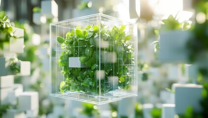 Digital transformation in eco friendly spaces  a glass cube with green plants and data streams