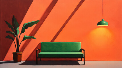 A warm Valentine reading nook styled with soft lighting and pink hues, A modern living space featuring a green sofa against an orange wall, enhanced by a stylish pendant light and a decorative plant.