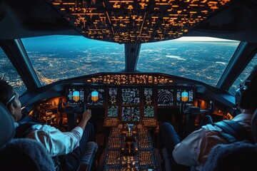 Fototapeta premium Airline pilots flying airplane at night over city lights