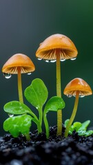 Fototapeta premium Three orange mushrooms grow beside vibrant green leaves, glistening with droplets of water on a dark, fertile soil background.