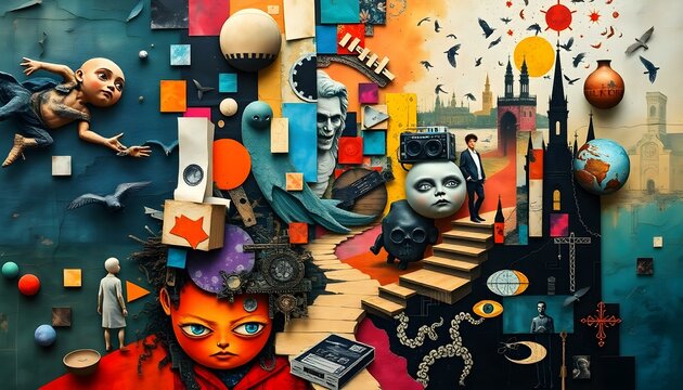 Surrealist Collage Tapestry: Interwoven Textures, Colors, and Enigmatic Imagery