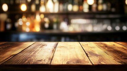 Rustic Wooden Table with Blurred Warm Bokeh Lights – Ideal for Product Display, Cozy Café Marketing, and Restaurant Branding