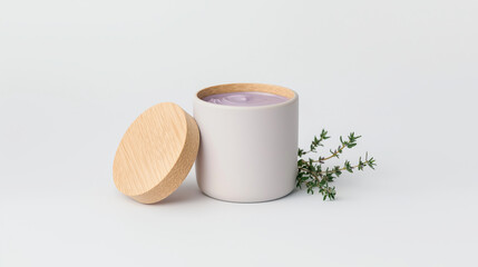 Organic beauty balm in ceramic jar with herbal sprig