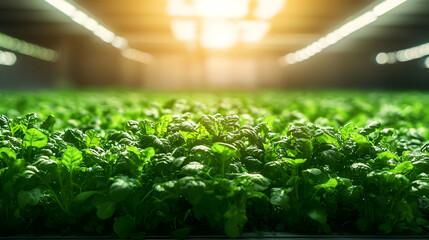Naklejka premium Lush Green Hydroponic Farm Interior with Abundant Plant Growth Under Artificial Lighting