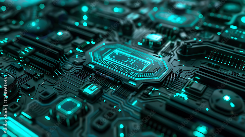 Wall mural explore the nexus between science and technology with a backdrop of turquoise circuits