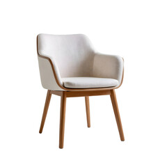 A white chair with wooden legs on a white background.