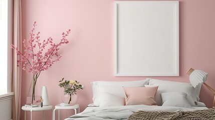 A white frame on a pale pink wall in a romantic, airy bedroom.  HD 8K mockup wallpaper Photographic Image