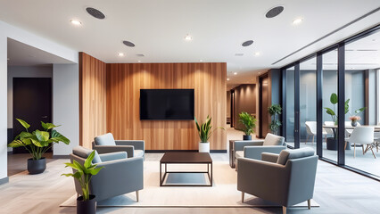 Modern Living Room Interior with Stylish Furniture and Large Windows - Ideal for Home Decor and Design Projects