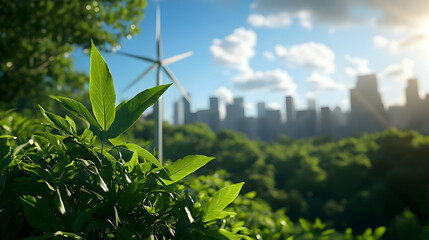 Lush Green Leaves Against Skyline with Wind Turbine and a City in the Soft Sunlight