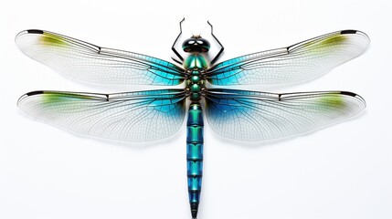 A close-up of a large, vibrant dragonfly with translucent wings, its body a mix of iridescent green and blue on a pure white background  