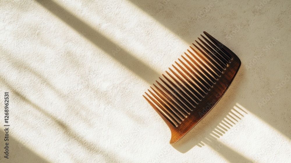 Poster wooden comb resting on a soft surface with dramatic shadows during early morning light. generative a