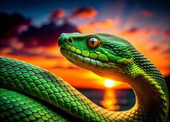 Obraz premium Green Viper Snake Silhouette, Close-Up Reptile Photography, Venomous Snake Profile