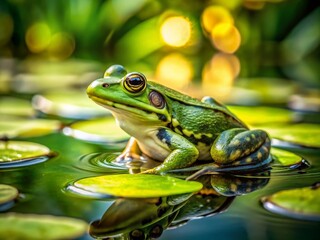 Naklejka premium Green Water Frog on Lily Pad in Calm Pond Landscape