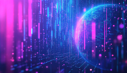 Abstract Digital World Data Stream Futuristic Technology Background Neon Glow Pink Blue Lines Sphere