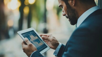 Young adult male analyzing financial data on tablet in urban setting
