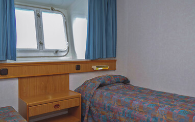 View into oceanview ocean view outside exterior cabin stateroom with two single beds including...