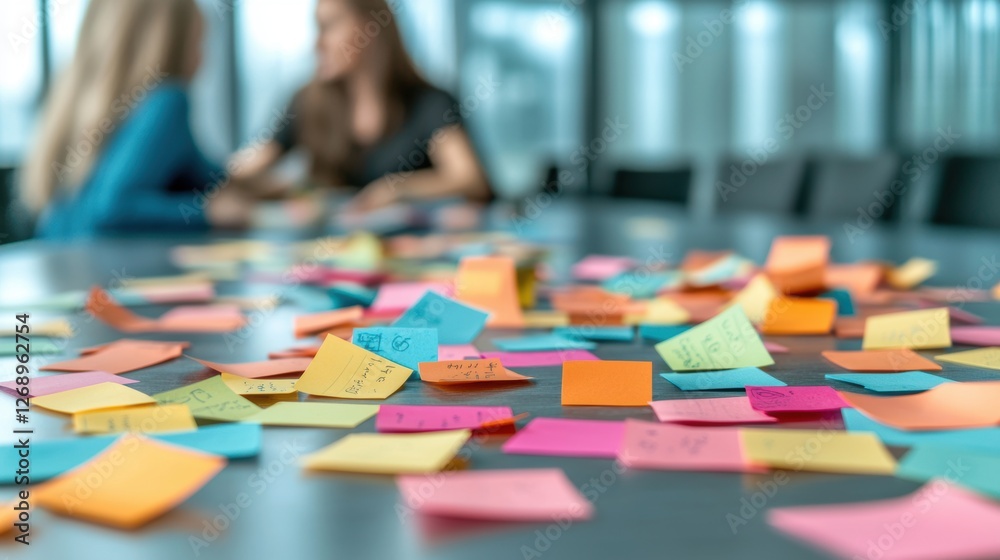 Poster a team huddles around a table covered with colorful sticky notes representing different project task