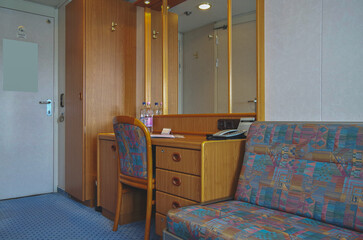 View into oceanview ocean view outside exterior cabin stateroom with two single beds including...