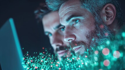 Two business partners, deep in conversation, lean over a laptop screen displaying market analysis data, their faces illuminated by the soft glow of the computer screen.