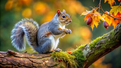 Fototapeta premium Grey Squirrel Gathering Food on Branch - British Wildlife Stock Photo