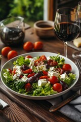 plate of greek salad in a restaurant, Generative AI,