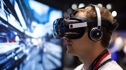 Young adult male experiencing virtual reality with headset and headphones at tech event