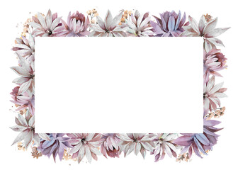 Abstract pastel flowers with gypsophila hand drawn watercolor frame illustration isolated on white