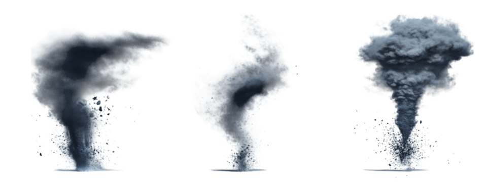 Three dynamic smoke plumes rising from water surface. Isolated on transparent background. Generative AI