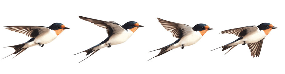Obraz premium Sequence of swallows in flight against. Isolated on transparent background. Generative AI