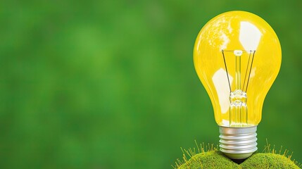 A glowing yellow light bulb sits atop a small mound of green grass, symbolizing ideas, creativity, and environmental awareness.