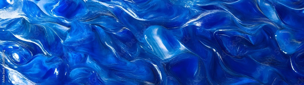 Poster This captivating image showcases the mesmerizing flow of shimmering blue liquid with waves and ripples that dance across the surface in a serene and graceful display of natural movement and energy