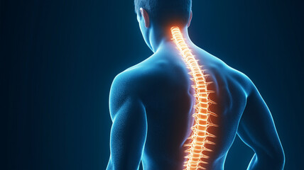 3D render of male back showcasing glowing spine, symbolizing health and vitality. luminous spine highlights importance of spinal health and wellness