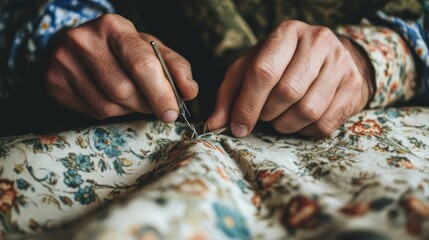 Obraz premium Adult male hand sewing textile with needle on floral fabric close-up