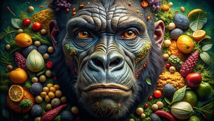 Fototapeta premium Grunge Gorilla Face Food Photography: Close-up of a messy, artistic gorilla face made of food