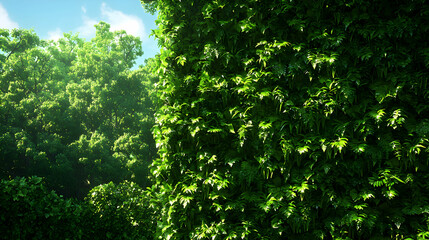 Fototapeta premium Lush Green Tree Foliage Bathed in Sunlight on a Sunny Day Under a Clear Sky