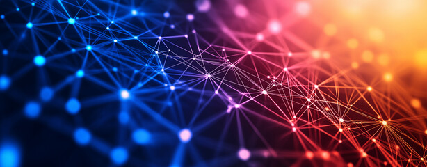 Abstract background with glowing network connections in blue and red hues, creating digital atmosphere
